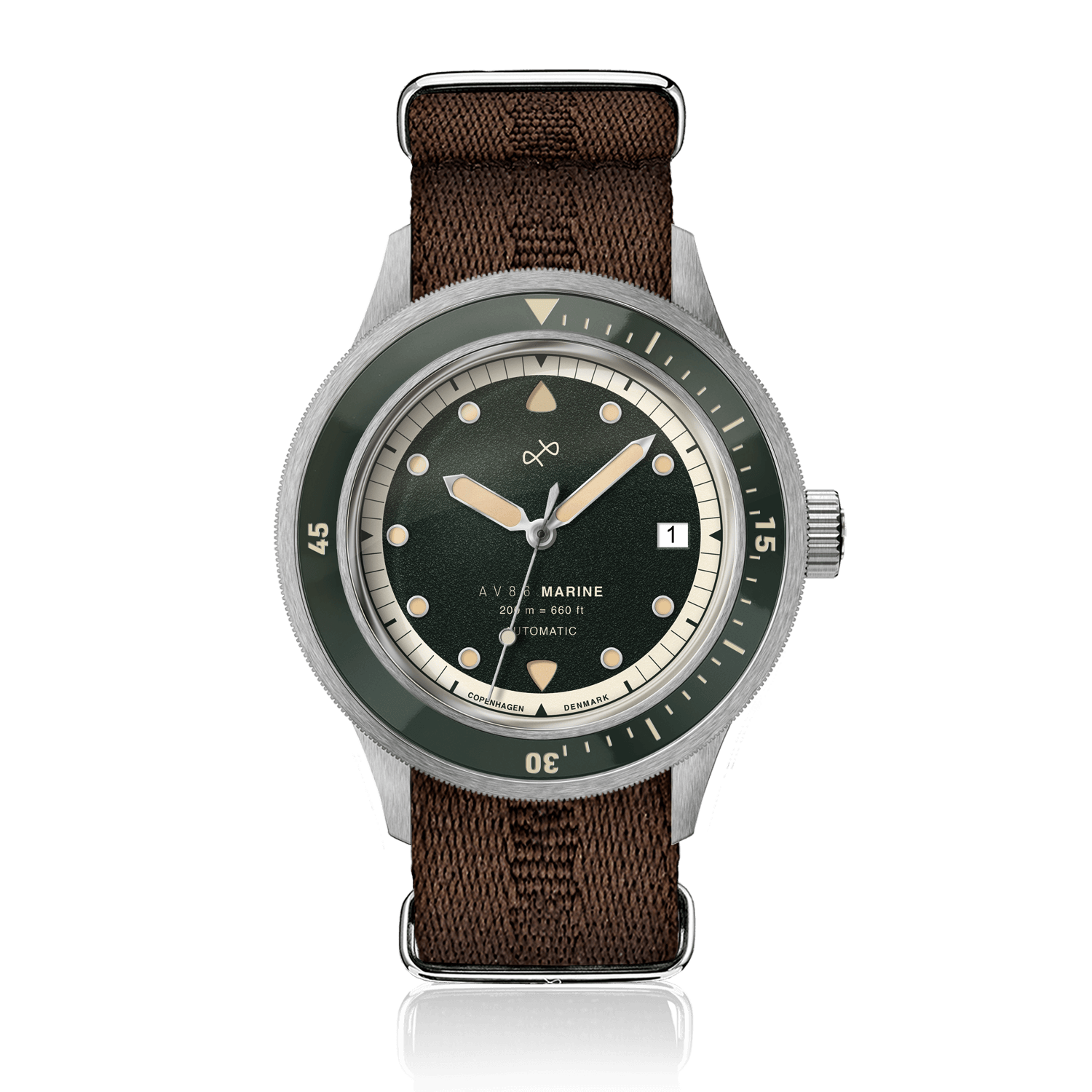 1956 Marine Automatic, Steel / Green wristwatch by AV86 with green dial, date display, and brown fabric strap in a steel case.