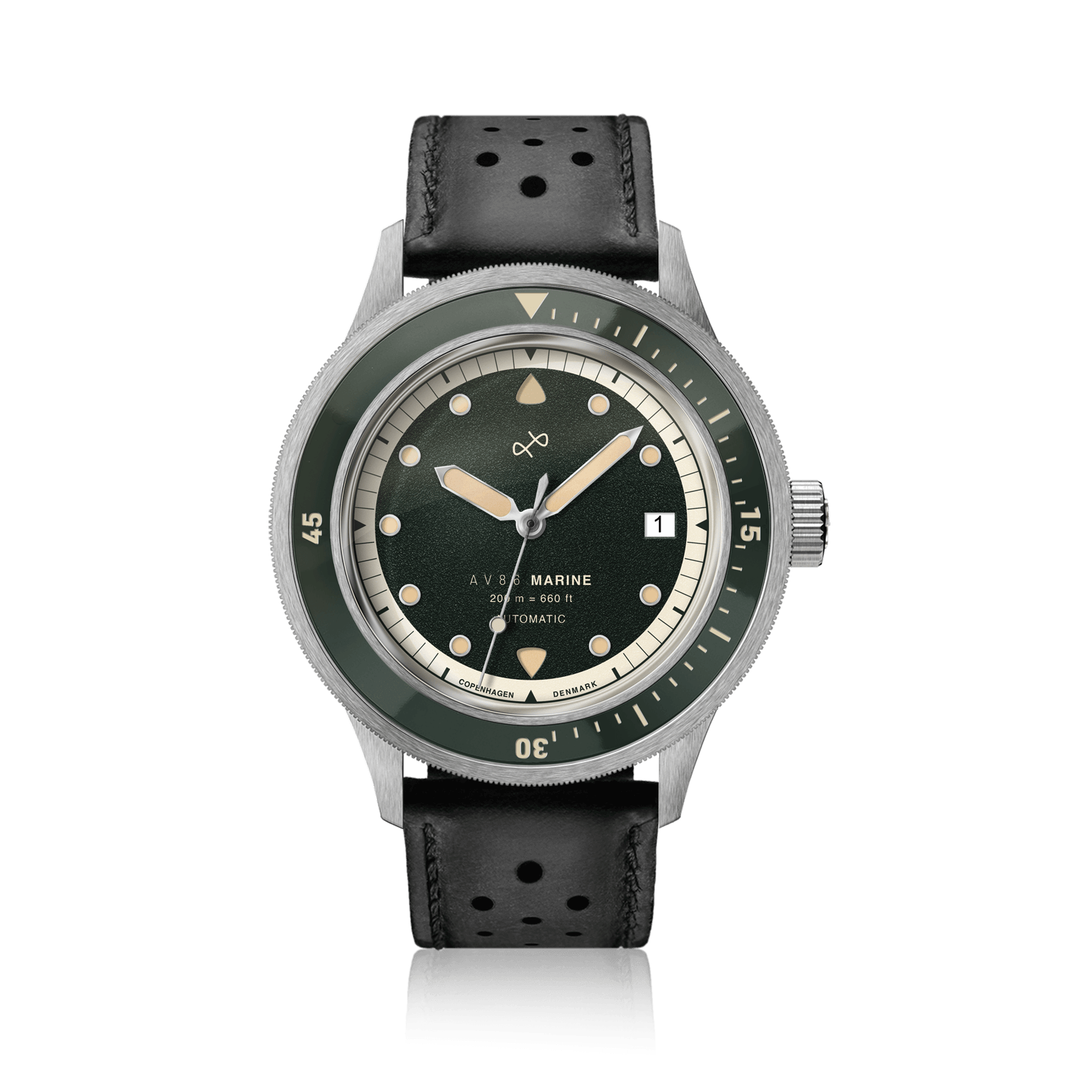1956 Marine Automatic, Steel / Green wristwatch with black perforated leather strap and vintage-inspired green dial by AV86