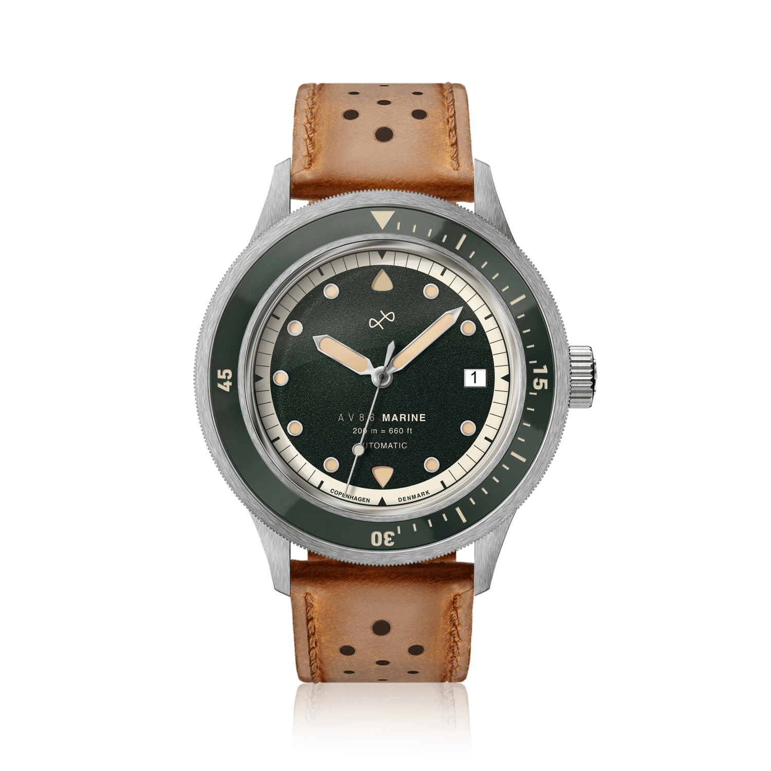 1956 Marine Automatic, Steel / Green by AV86 luxury vintage-inspired watch with green dial and perforated brown leather strap