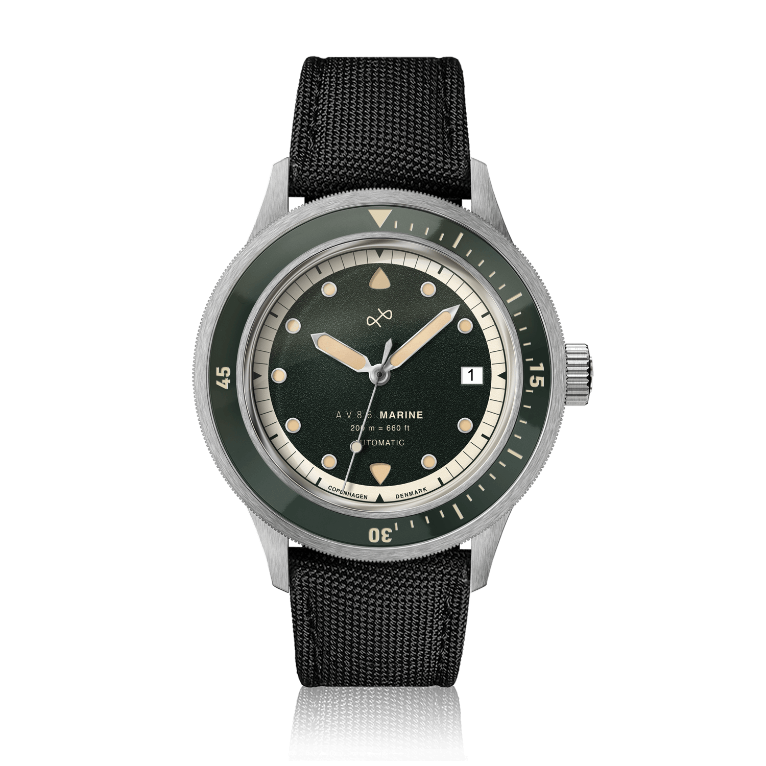 1956 Marine Automatic, Steel / Green wristwatch by AV86 with green dial, steel bezel, and black textured strap in vintage-inspired design