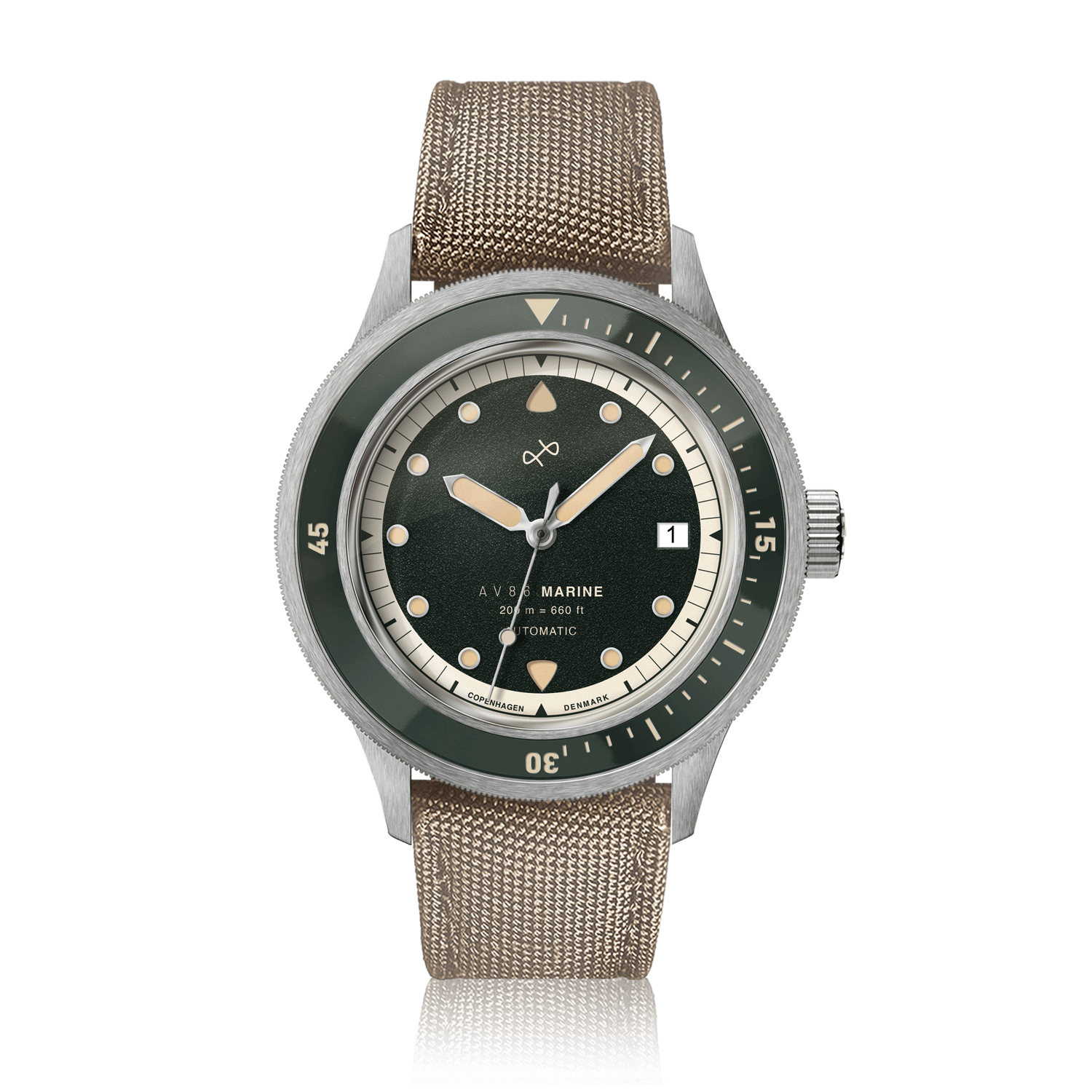 1956 Marine Automatic, Steel / Green by AV86 features a vintage-inspired dial, green bezel, and durable fabric strap.