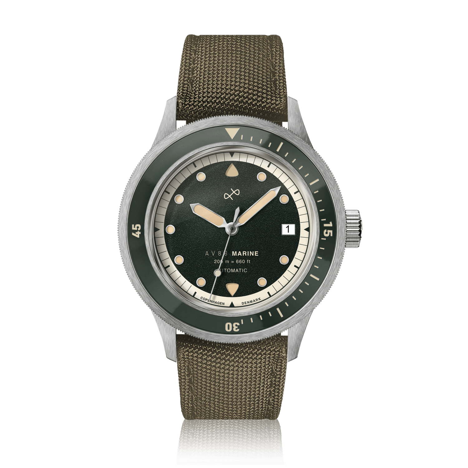 1956 Marine Automatic, Steel / Green wristwatch by AV86 featuring a green dial, luminescent markers, and durable fabric strap.