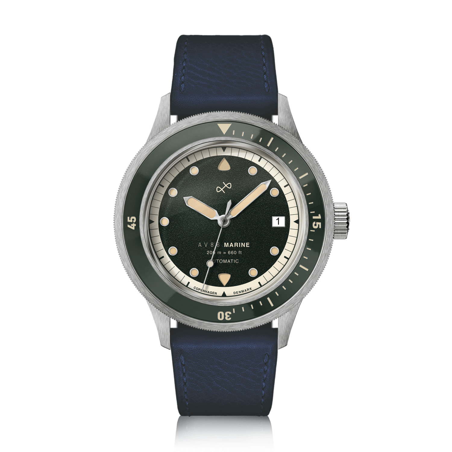 1956 Marine Automatic, Steel / Green vintage-inspired watch by AV86 with green dial and blue leather strap, Danish design luxury timepiece