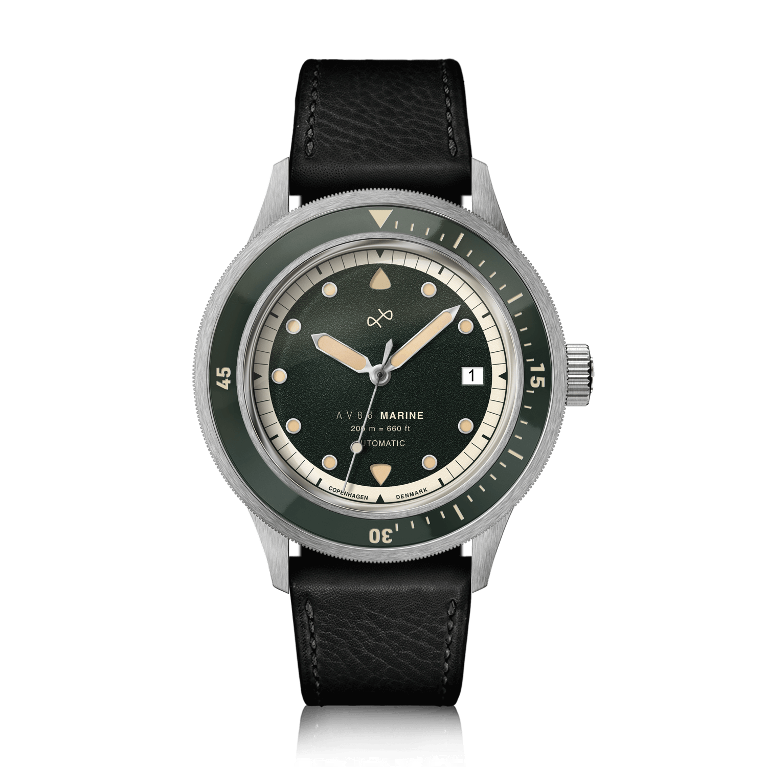 1956 Marine Automatic, Steel / Green wristwatch by AV86 featuring vintage-inspired design with black leather strap and green dial
