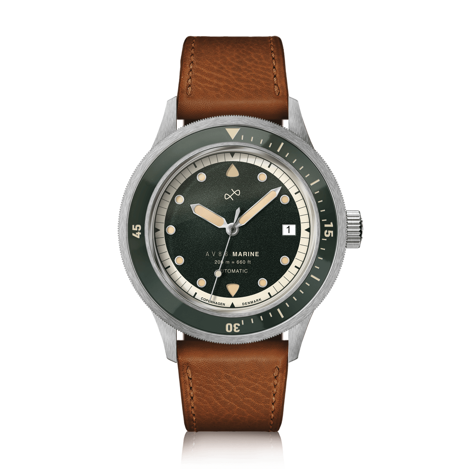 1956 Marine Automatic, Steel / Green wristwatch by AV86 with green dial, date window, and brown leather strap in Danish design style.