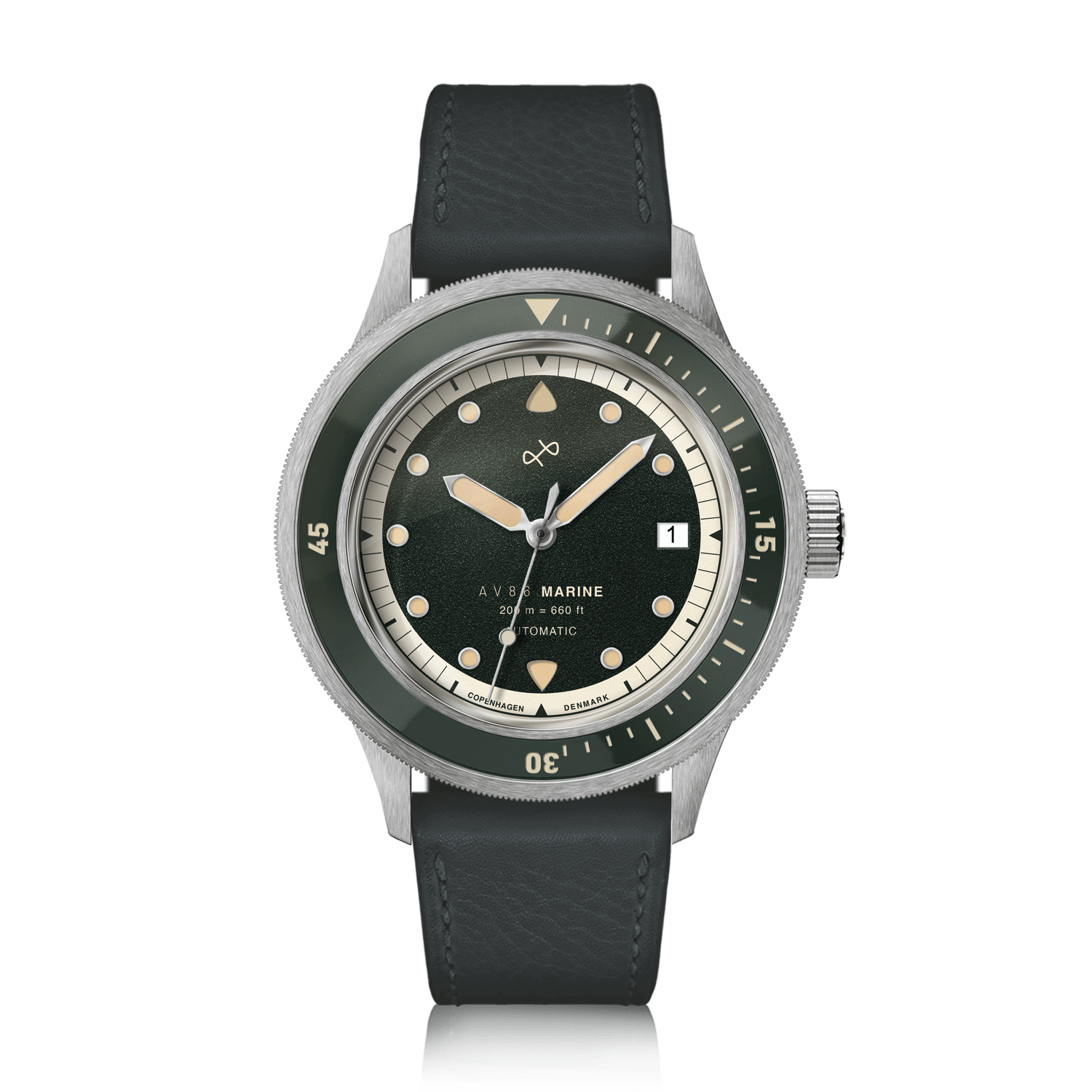 1956 Marine Automatic, Steel / Green by AV86 showcasing a vintage-inspired luxury timepiece with green dial and black leather strap