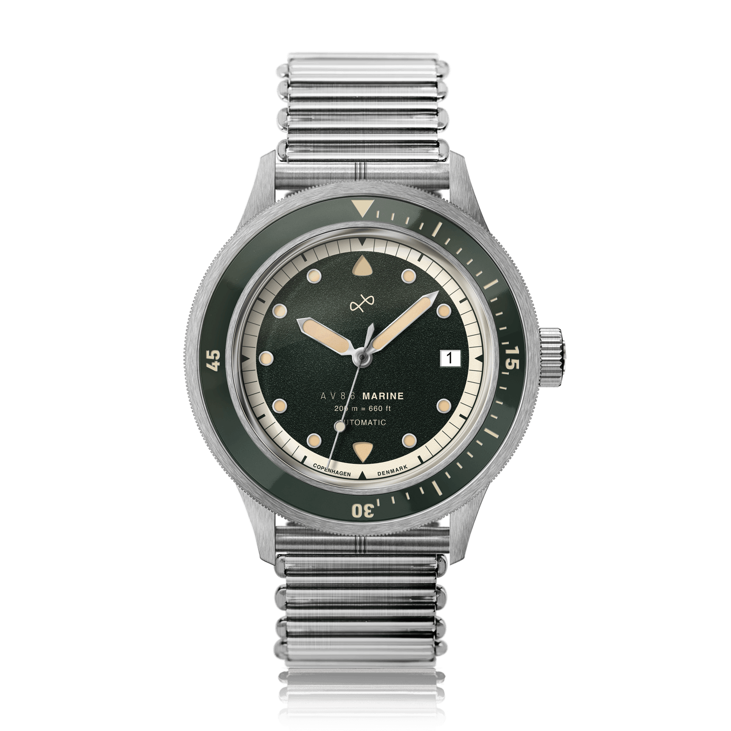 1956 Marine Automatic, Steel / Green by AV86 showing vintage-inspired luxury timepiece with green dial and stainless steel bracelet