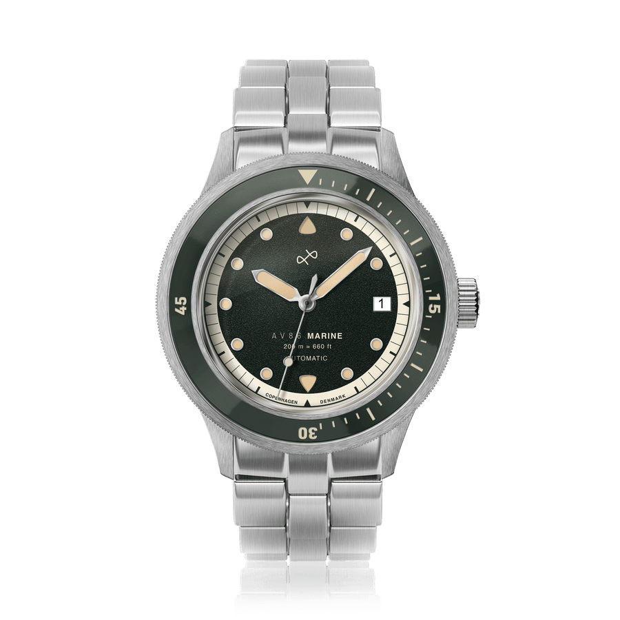 1956 Marine Automatic, Steel / Green by AV86 with vintage-inspired green dial and brushed steel bracelet for luxurious style and durability