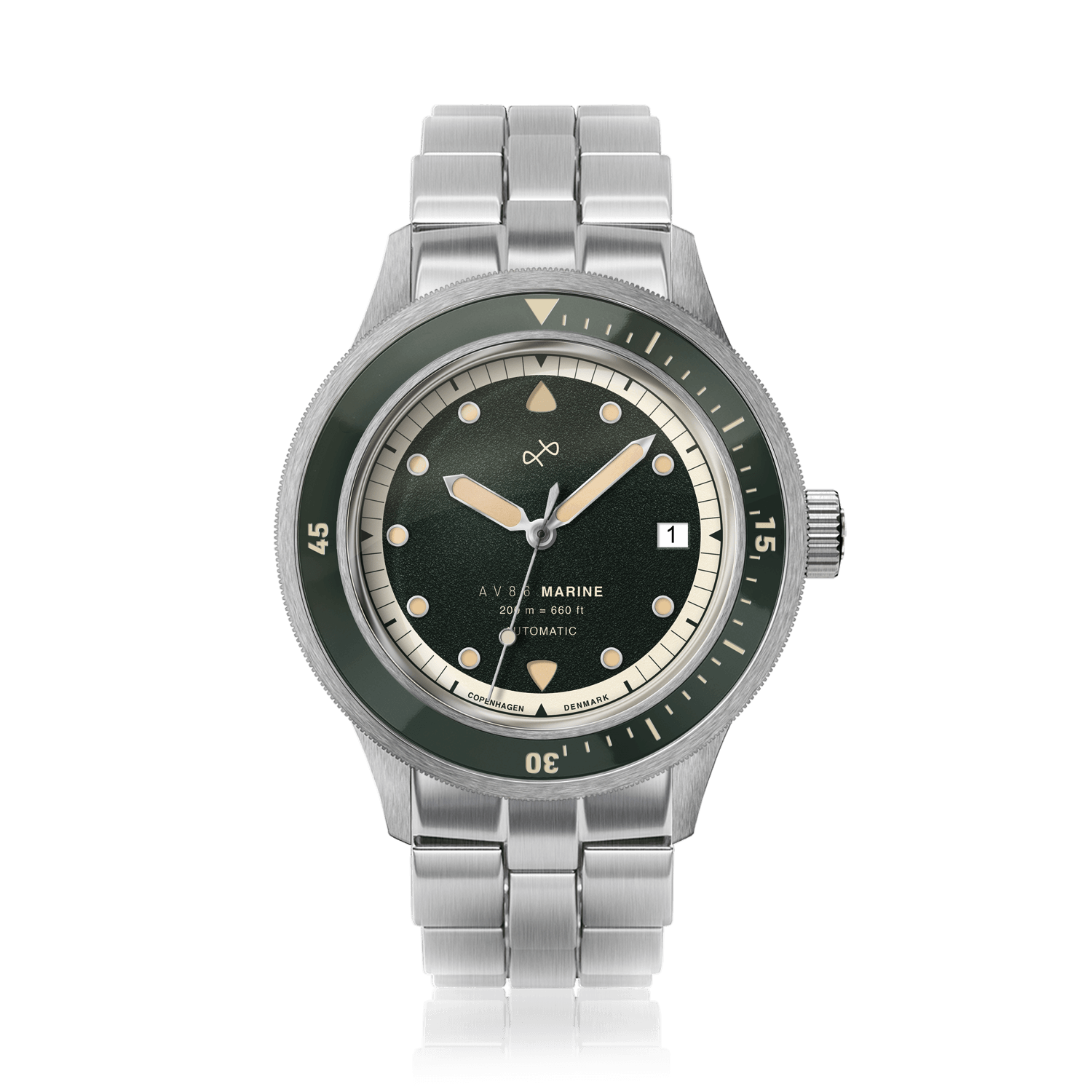 1956 Marine Automatic, Steel / Green by AV86 with vintage-inspired green dial and brushed steel bracelet for luxurious style and durability