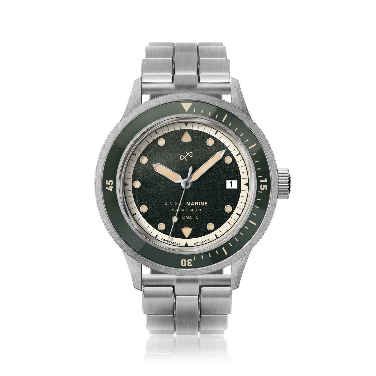 1956 Marine Automatic, Steel / Green vintage-inspired watch by AV86 with stainless steel bracelet and green dial design