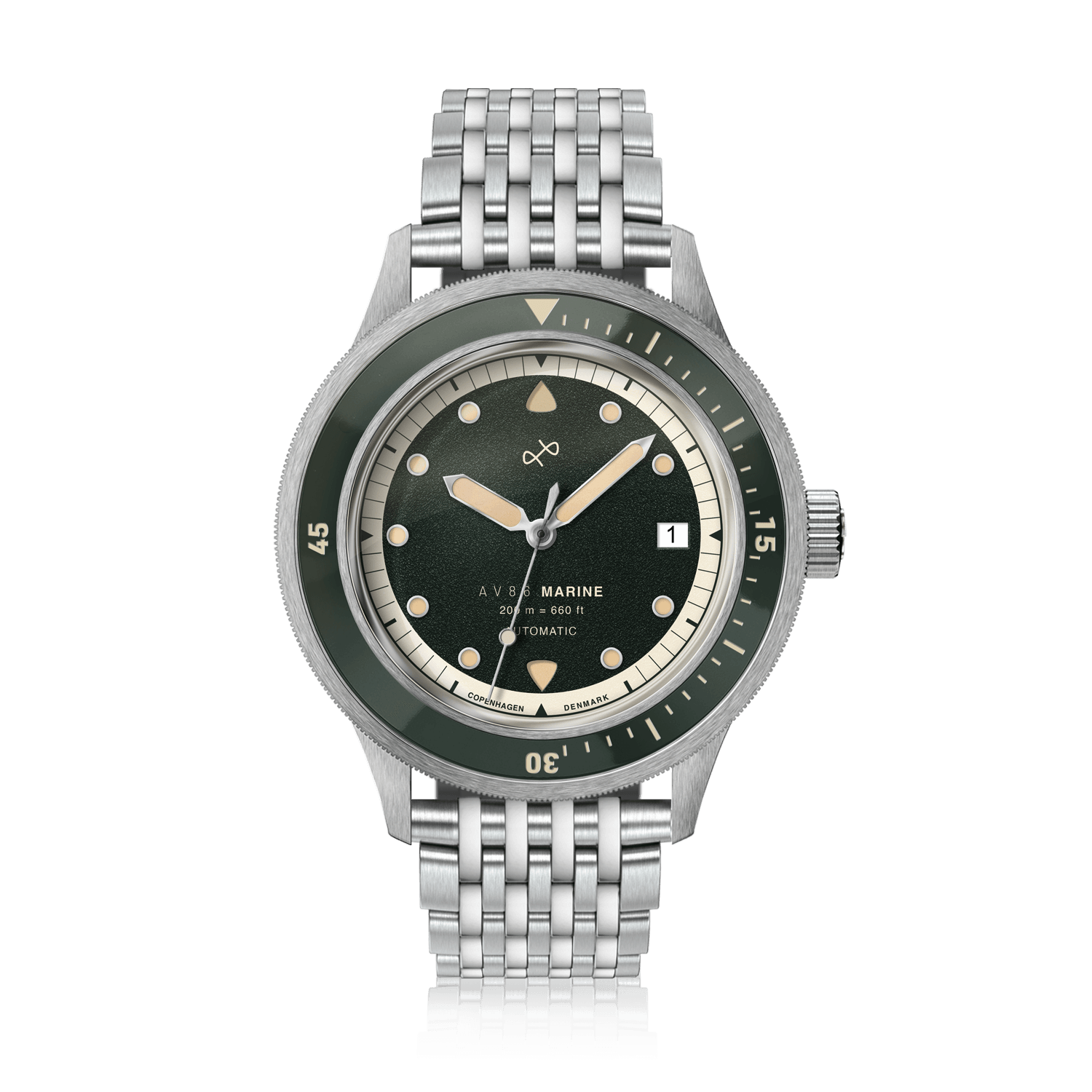 1956 Marine Automatic, Steel / Green by AV86, vintage-inspired luxury timepiece with stainless steel bracelet and green dial design.