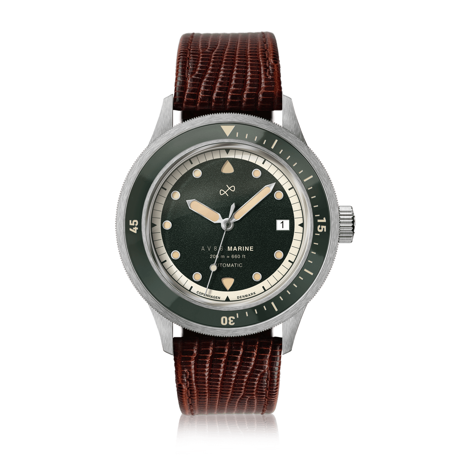 1956 Marine Automatic, Steel / Green vintage-inspired watch by AV86 with green dial and brown leather strap, Danish design excellence