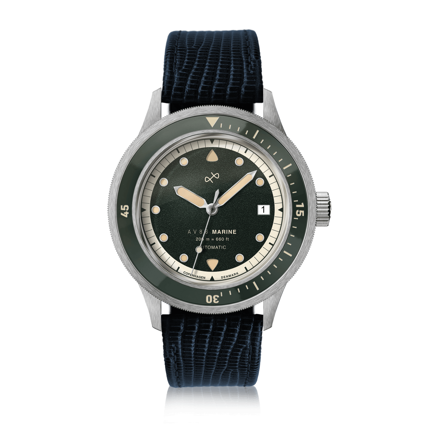 1956 Marine Automatic, Steel / Green luxury timepiece by AV86 with vintage-inspired design and textured black strap.