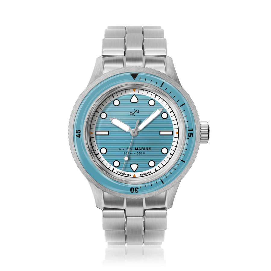 1956 Marine by AV86 vintage-inspired diver watch with sapphire crystal, rotating bezel, and brushed metal bracelet strap