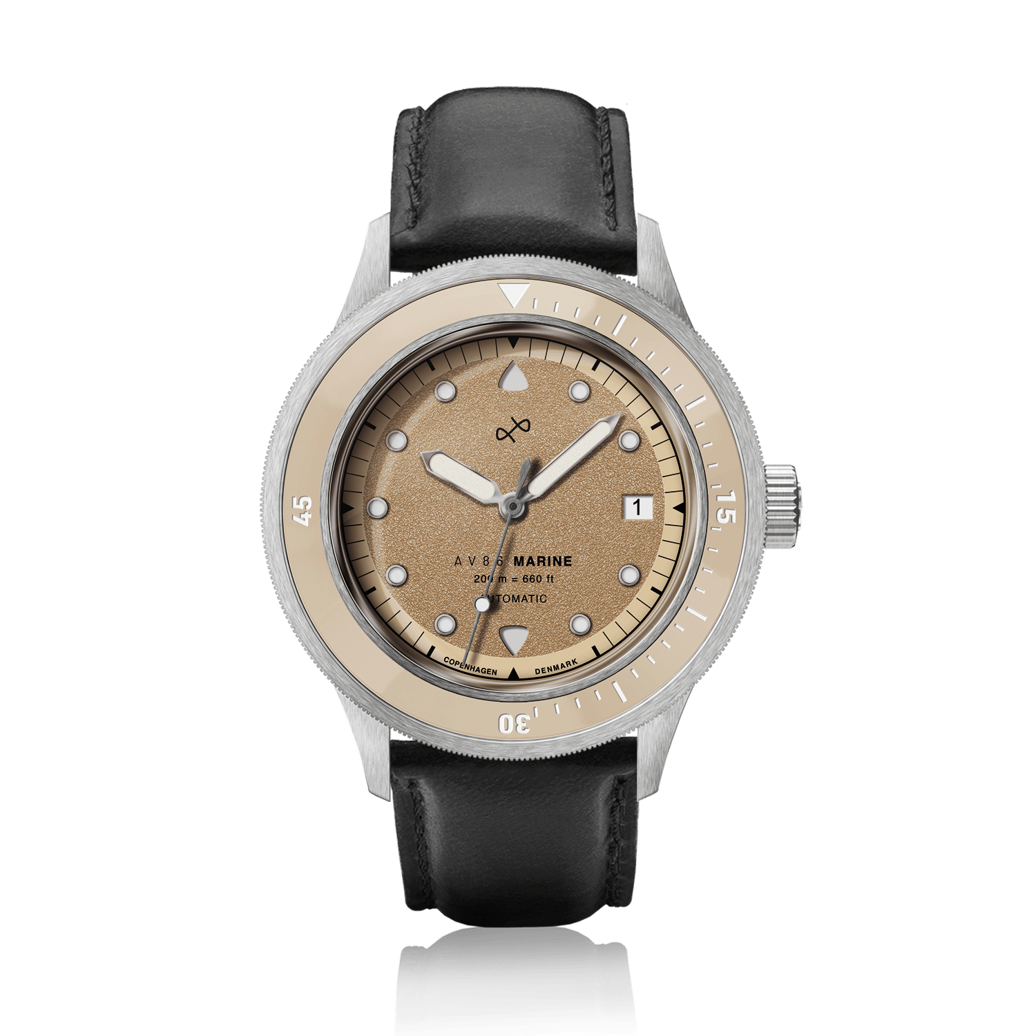 1956 Marine Automatic, Steel / Sand with black leather strap by AV86 featuring vintage-inspired beige dial and stainless steel case