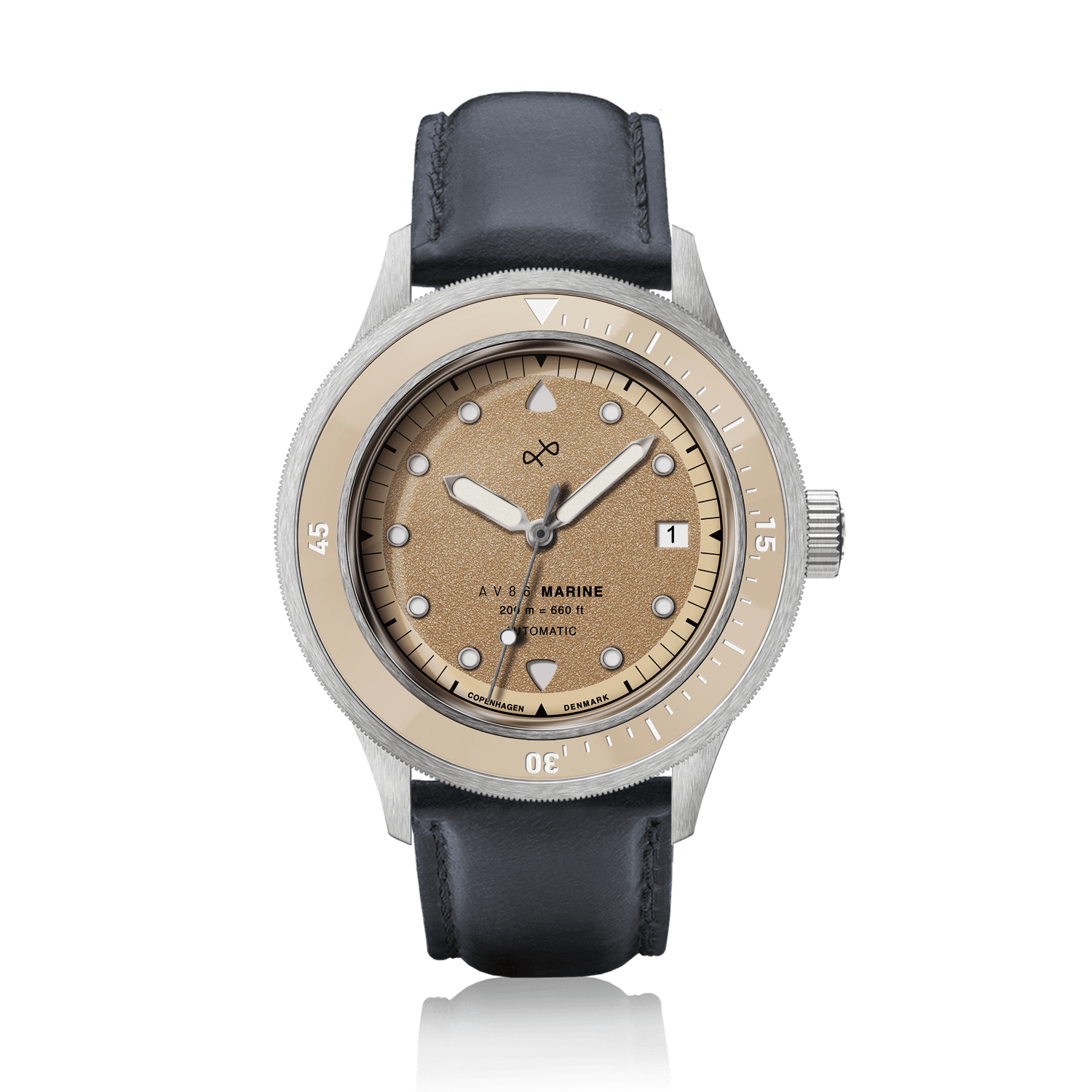 1956 Marine Automatic, Steel / Sand watch with sand-colored dial and black leather strap by AV86, vintage-inspired timepiece
