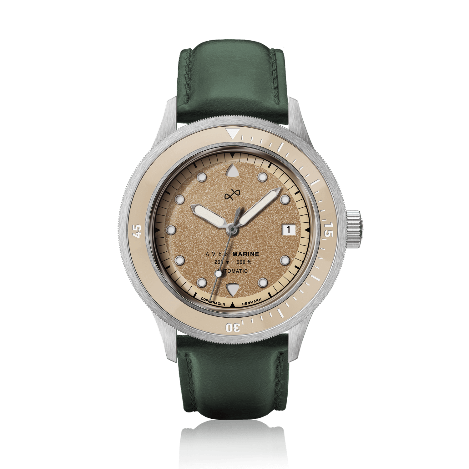 1956 Marine Automatic, Steel / Sand with green leather strap by AV86, vintage-inspired luxury timepiece with Danish design influences