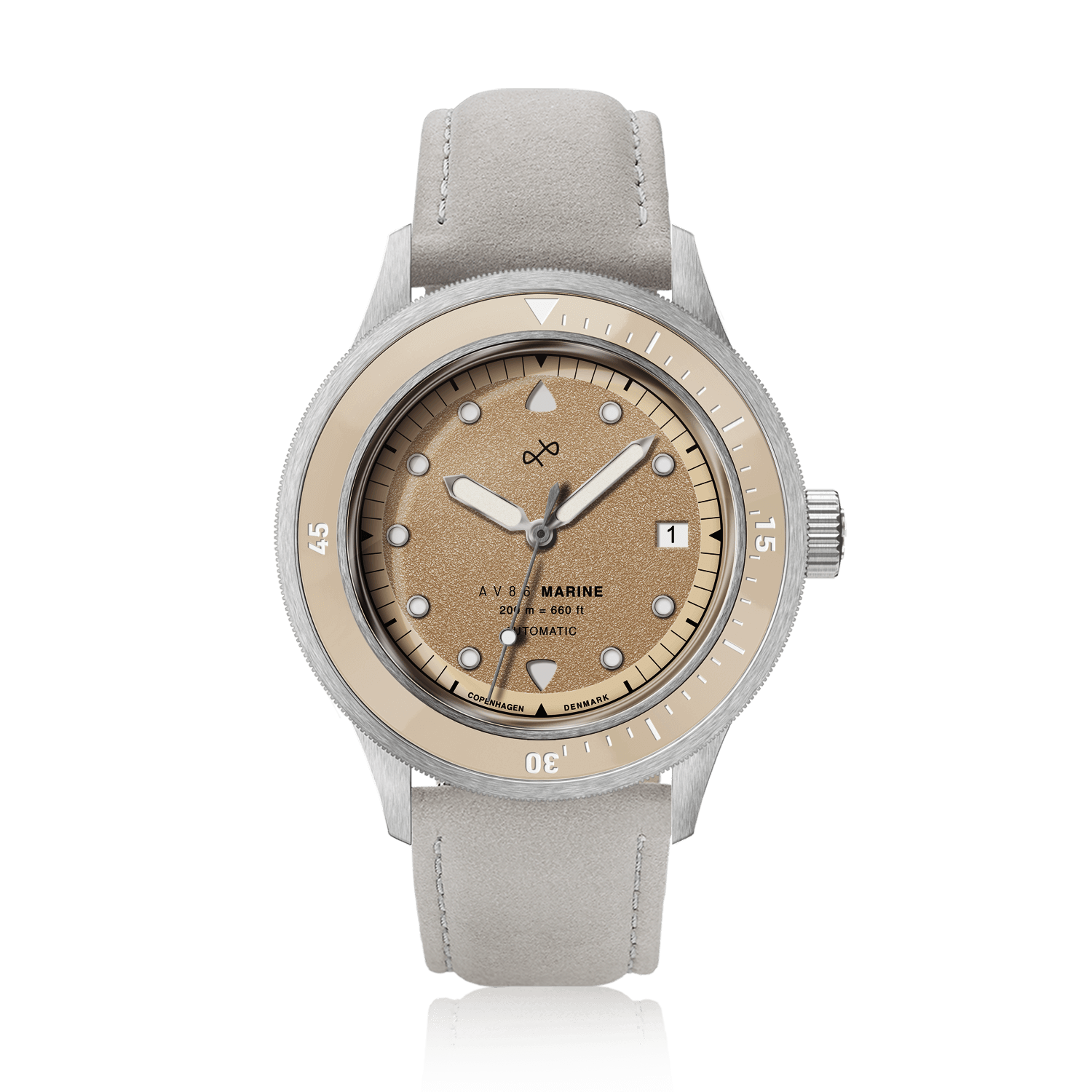 1956 Marine Automatic, Steel / Sand by AV86 featuring vintage-inspired dial, steel case, and soft sand-colored leather strap in Danish design.