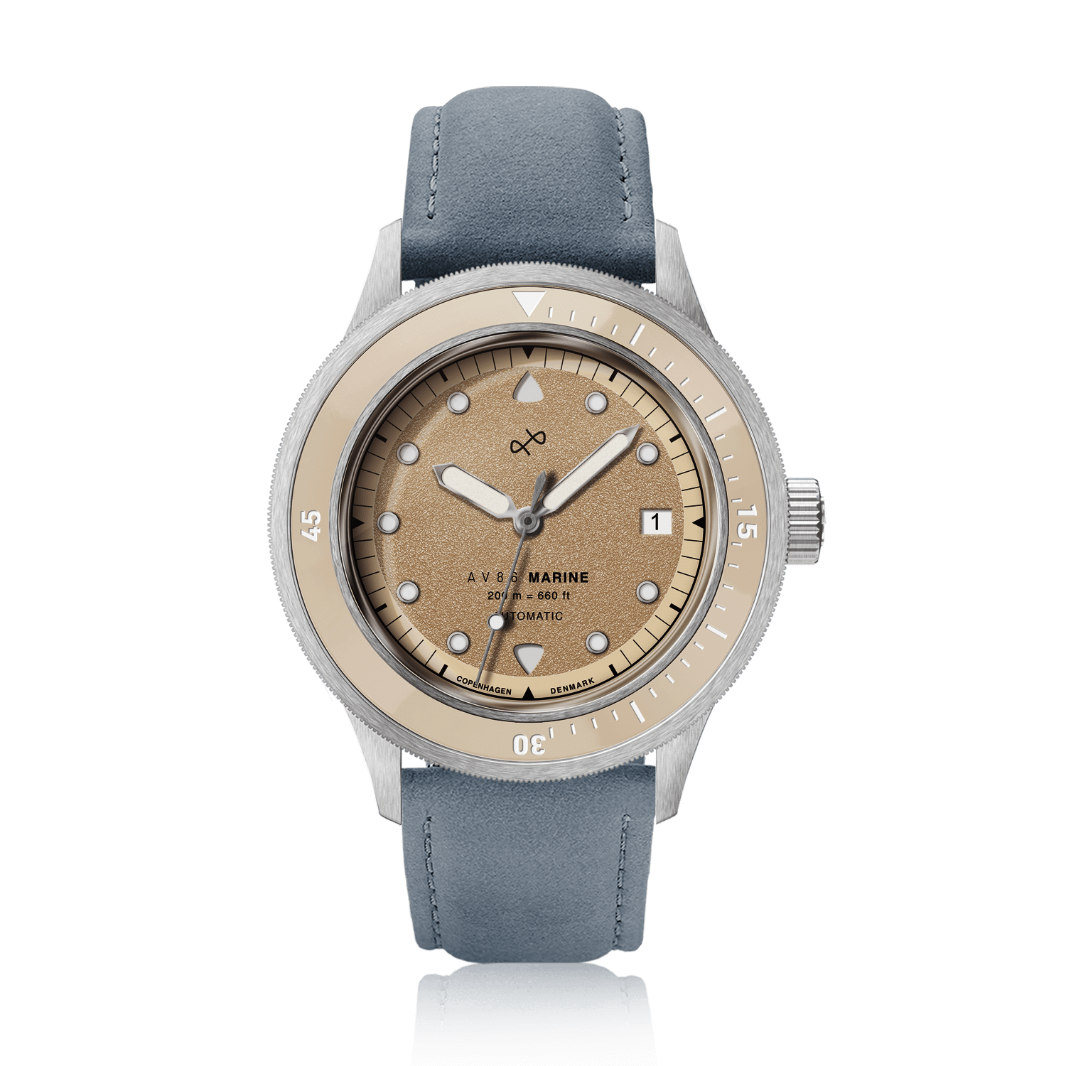 1956 Marine Automatic, Steel / Sand with beige dial and blue leather strap by AV86 showcasing vintage-inspired luxury timepiece design