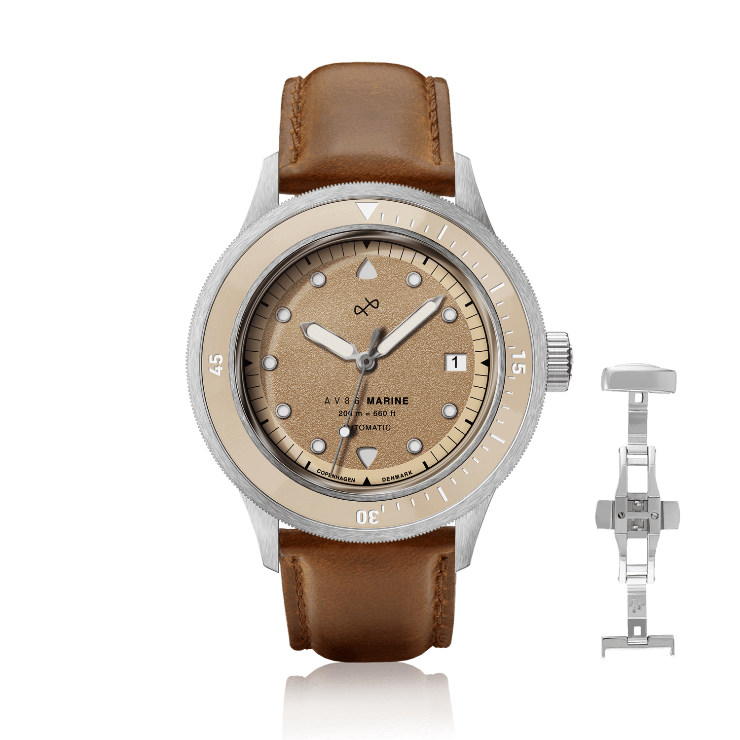 1956 Marine Automatic, Steel / Sand with sapphire crystal, leather strap, and classic vintage-inspired design by AV86