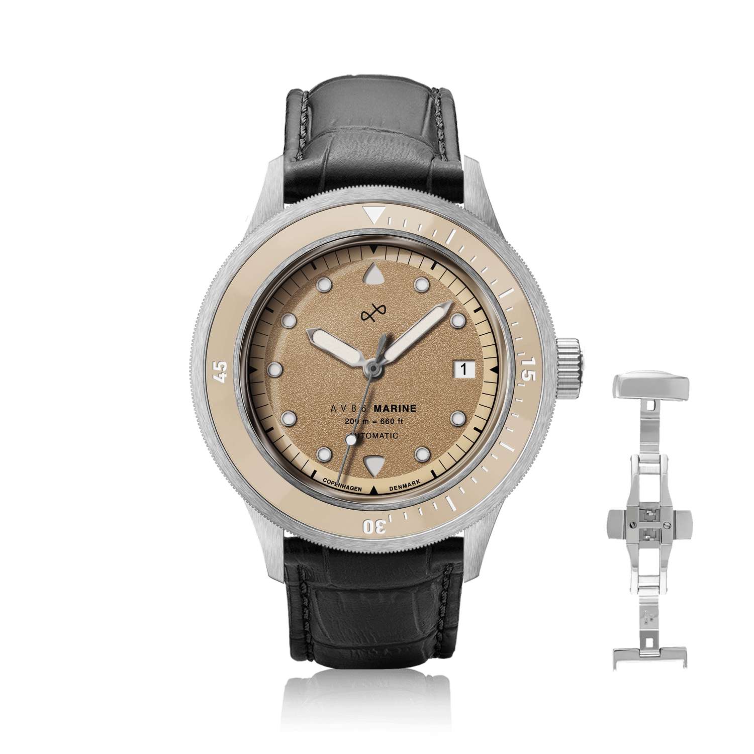 1956 Marine Automatic, Steel / Sand wristwatch by AV86 with sand-colored dial, stainless steel case, and black leather strap.