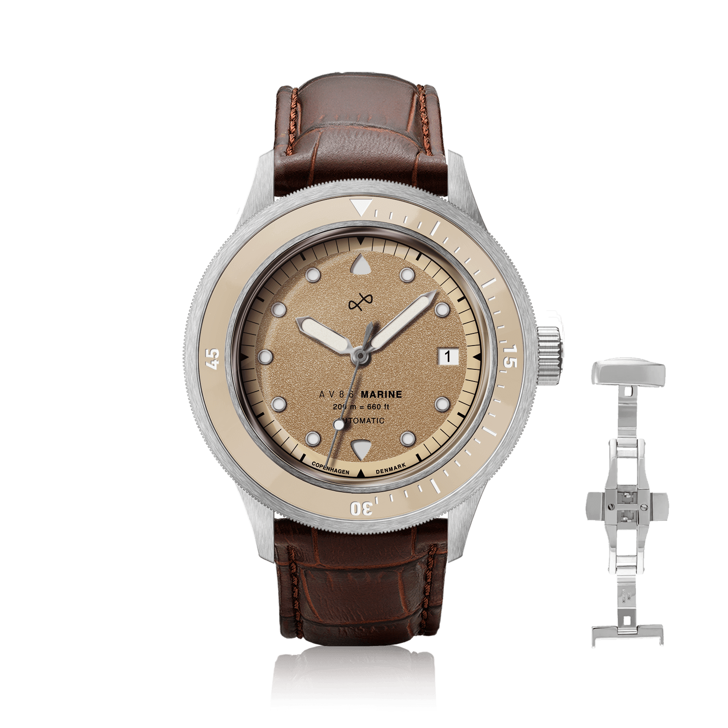 1956 Marine Automatic, Steel / Sand with brown leather strap, beige dial, and stainless steel case by AV86 vintage-inspired design