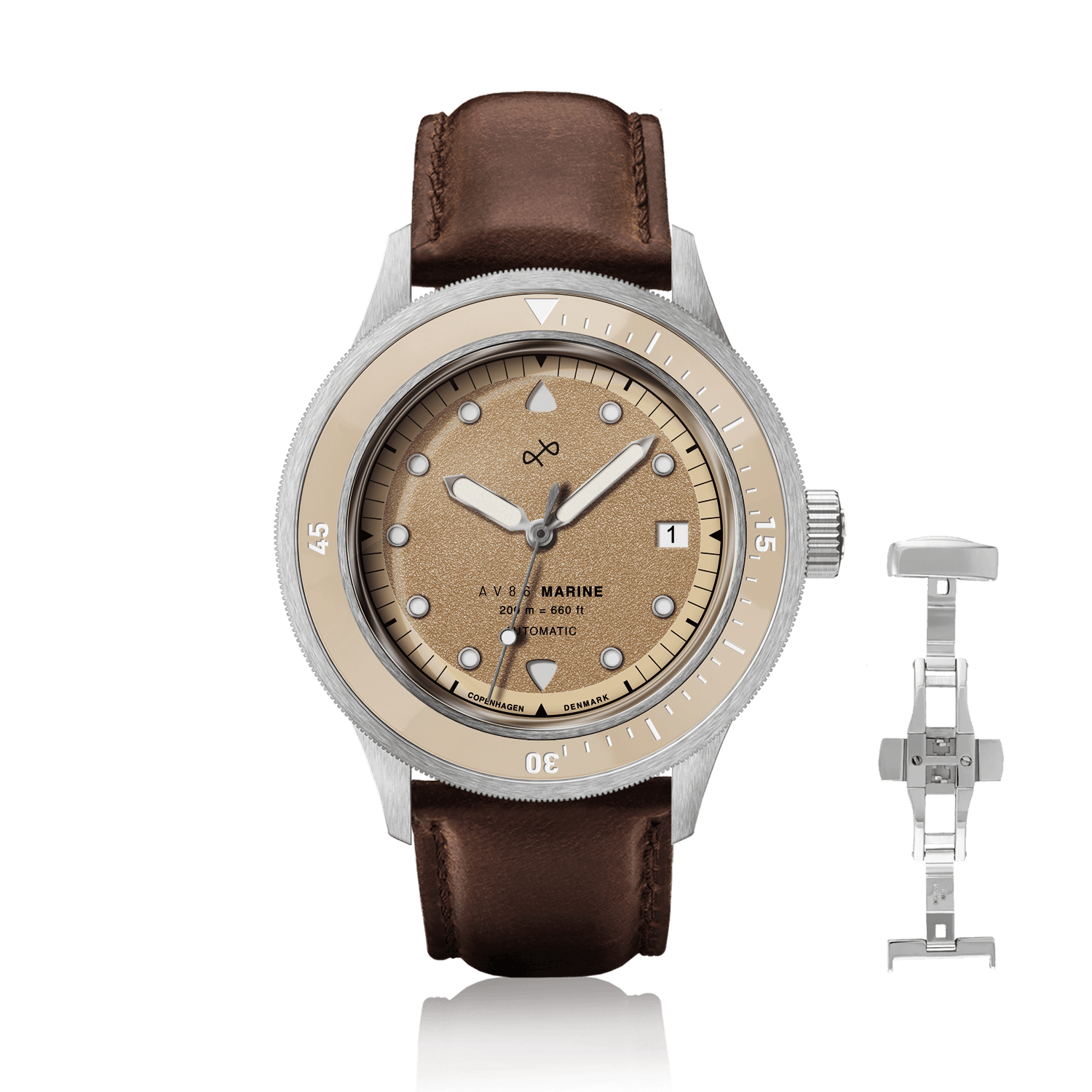1956 Marine Automatic, Steel / Sand with a sand-colored dial, steel case, and brown leather strap by AV86.