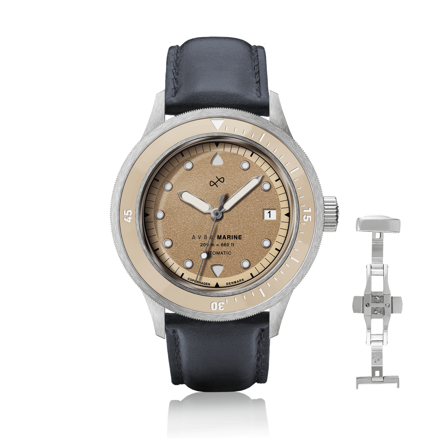 1956 Marine Automatic, Steel / Sand watch by AV86 with a sand dial, steel case, and black leather strap luxury timepiece