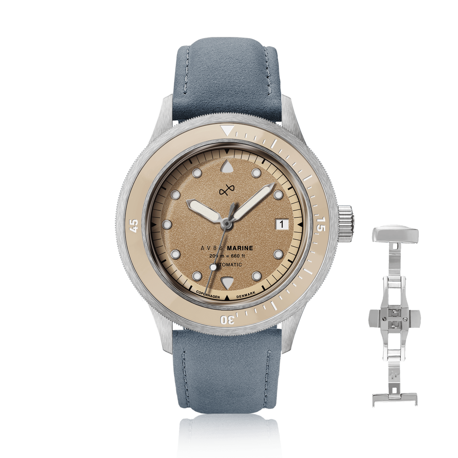 1956 Marine Automatic, Steel / Sand with a sand dial, stainless steel case, blue leather strap, and date window by AV86.