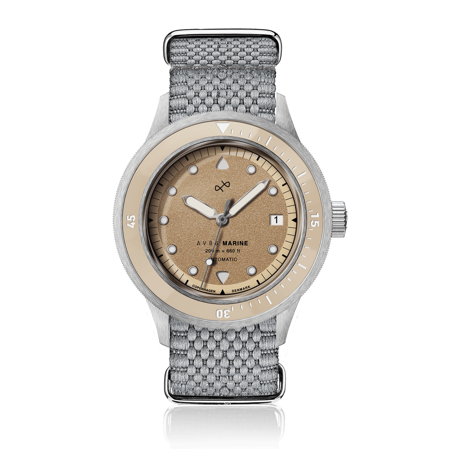 1956 Marine Automatic, Steel / Sand with textured sand dial, steel case, woven grey strap, by AV86 Danish Design.