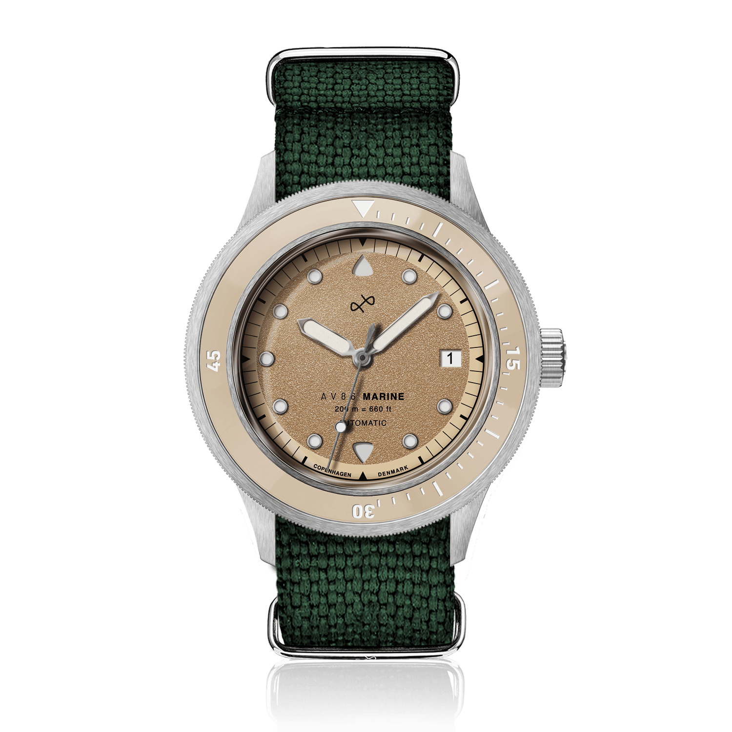 1956 Marine Automatic, Steel / Sand with beige dial, stainless steel case, and green woven strap by AV86 in vintage-inspired design.
