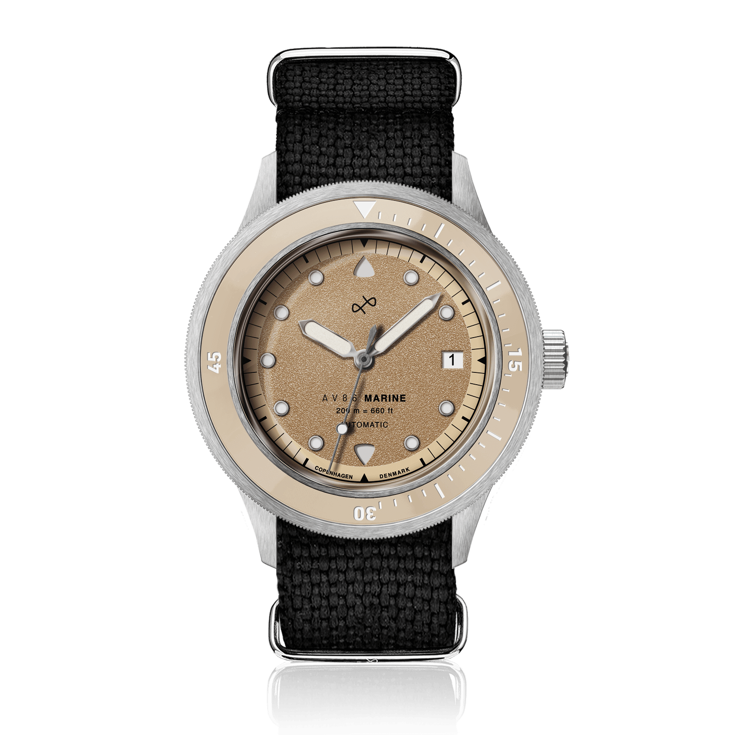 1956 Marine Automatic, Steel / Sand vintage-inspired watch by AV86 with sand dial, steel case, and black woven strap luxury timepiece