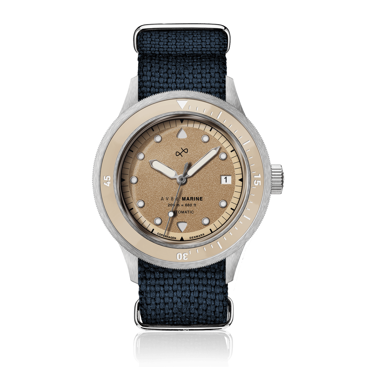 1956 Marine Automatic, Steel / Sand with beige dial, black woven strap, stainless steel case, and date display by AV86 luxury timepiece