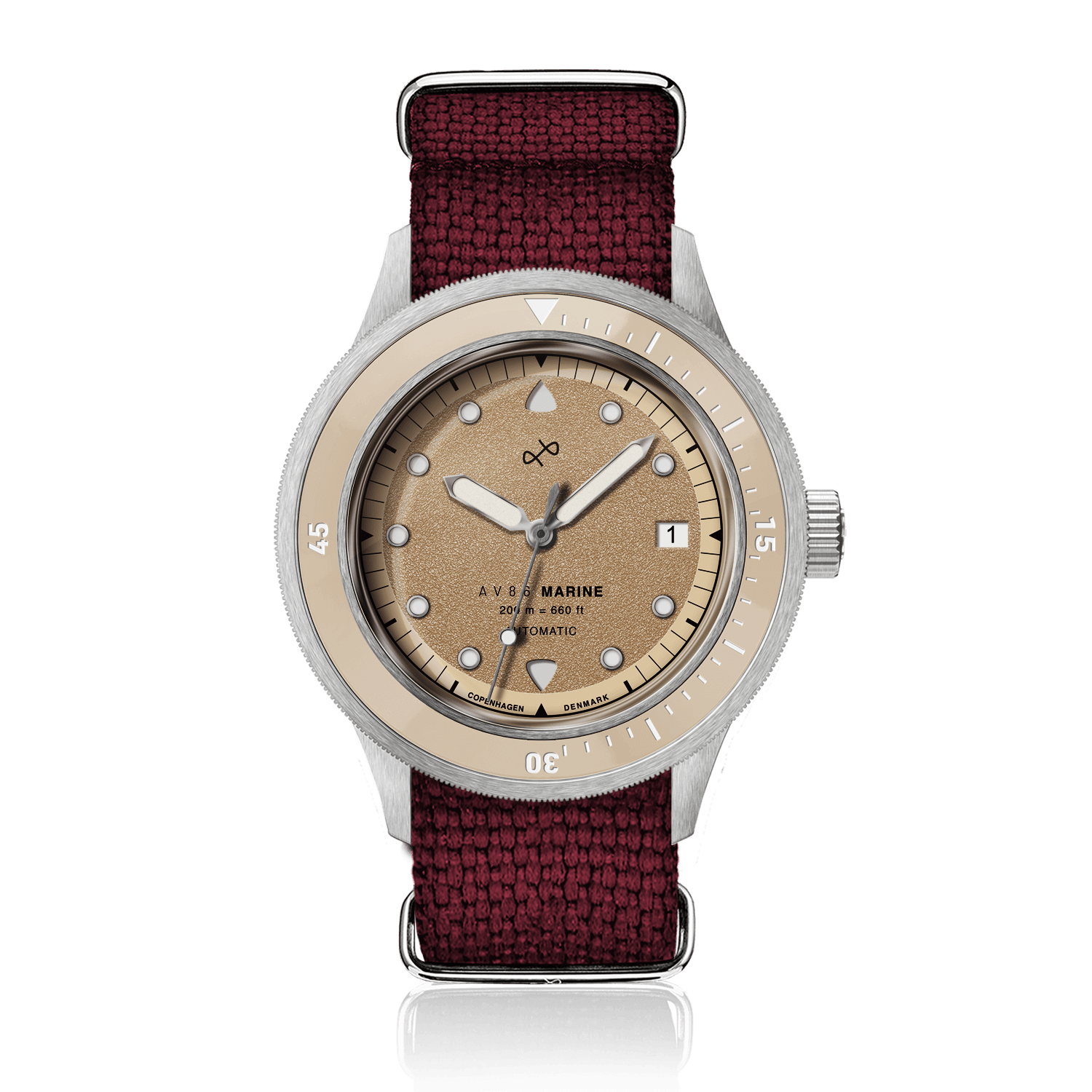 1956 Marine Automatic, Steel / Sand with beige dial, steel case, and red woven fabric strap by AV86 luxury timepiece