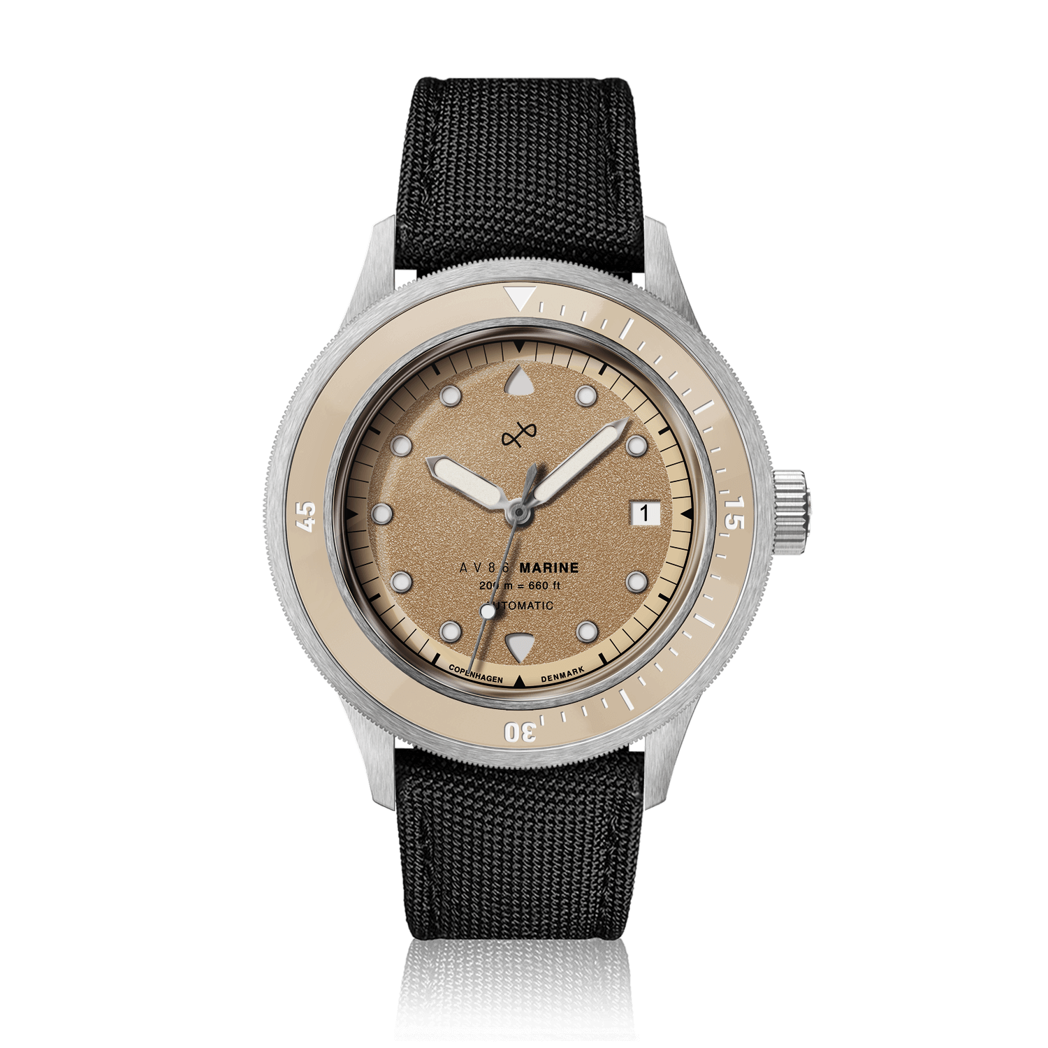 1956 Marine Automatic, Steel / Sand vintage-inspired luxury timepiece by AV86 with sand dial and black textured strap