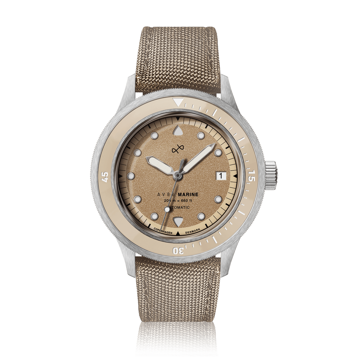 1956 Marine Automatic, Steel / Sand by AV86 featuring a vintage-inspired dial and fabric strap with a stainless steel case design.