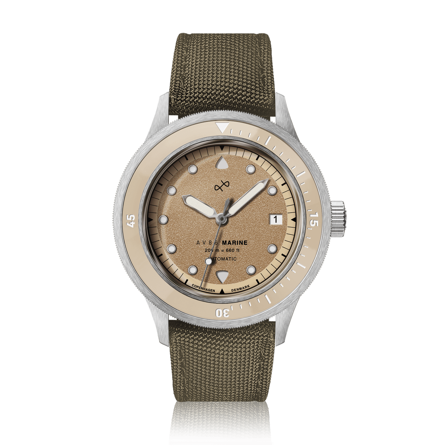 1956 Marine Automatic, Steel / Sand vintage-inspired watch by AV86 with beige dial, stainless steel case, and green fabric strap