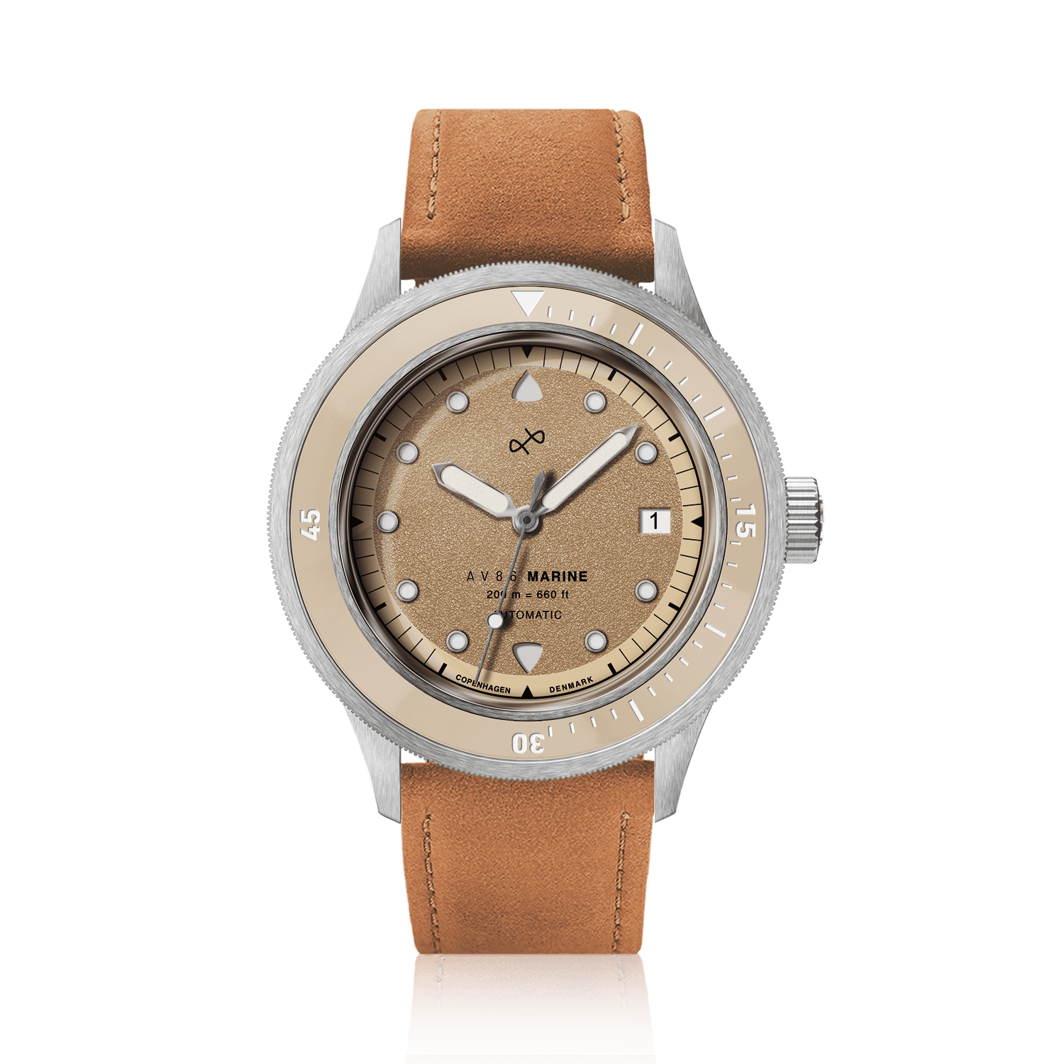 1956 Marine Automatic, Steel / Sand showcasing a vintage-inspired design with a sand dial and tan leather strap by AV86 luxury timepiece