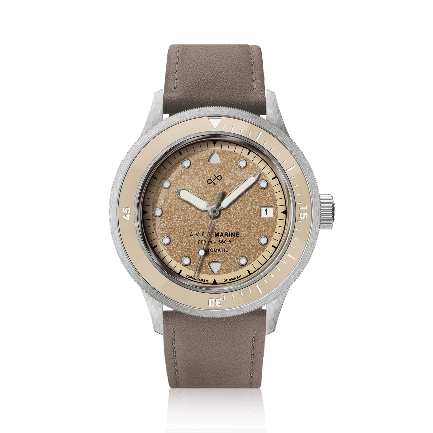 1956 Marine Automatic, Steel / Sand by AV86 featuring a vintage-inspired dial, steel case, and soft brown leather strap luxury timepiece