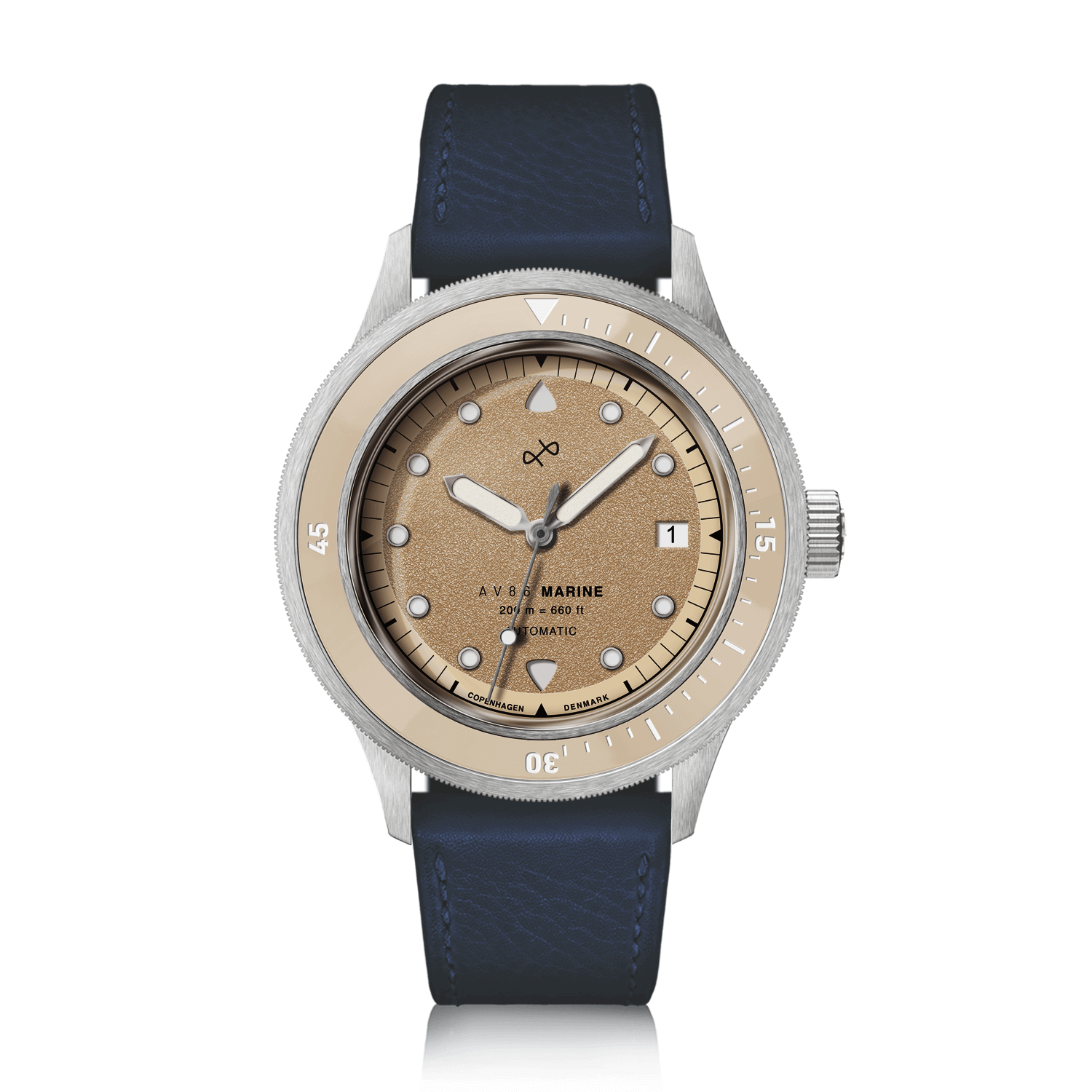 1956 Marine Automatic, Steel / Sand wristwatch with beige dial, luminous markers, and navy leather strap by AV86.
