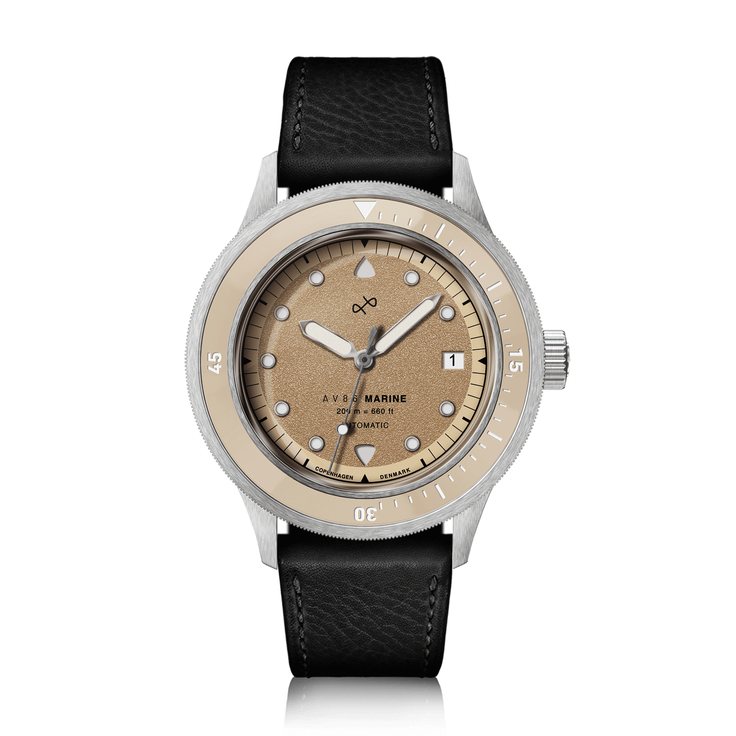 1956 Marine Automatic, Steel / Sand by AV86 featuring a vintage-inspired dial with black leather strap and stainless steel case.