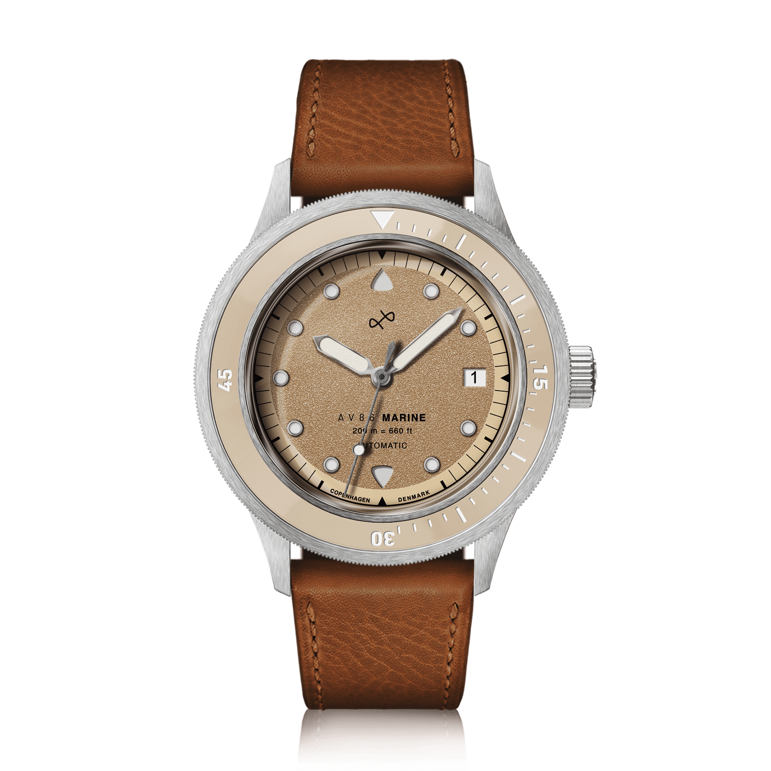 1956 Marine Automatic, Steel / Sand wristwatch by AV86 with vintage-inspired design, steel case, and brown leather strap.