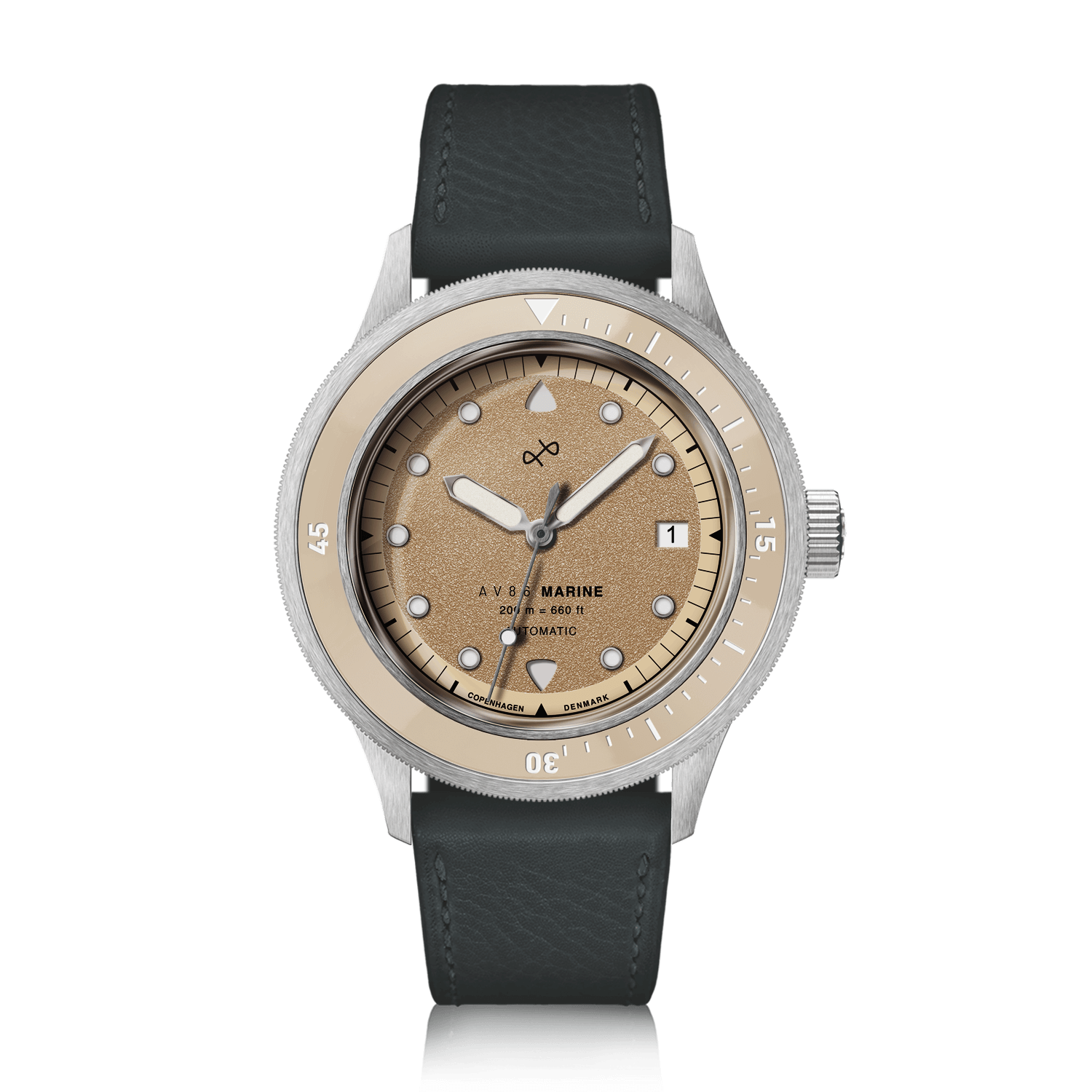 1956 Marine Automatic, Steel / Sand by AV86 featuring a vintage-inspired dial, steel case, and black leather strap luxury timepiece
