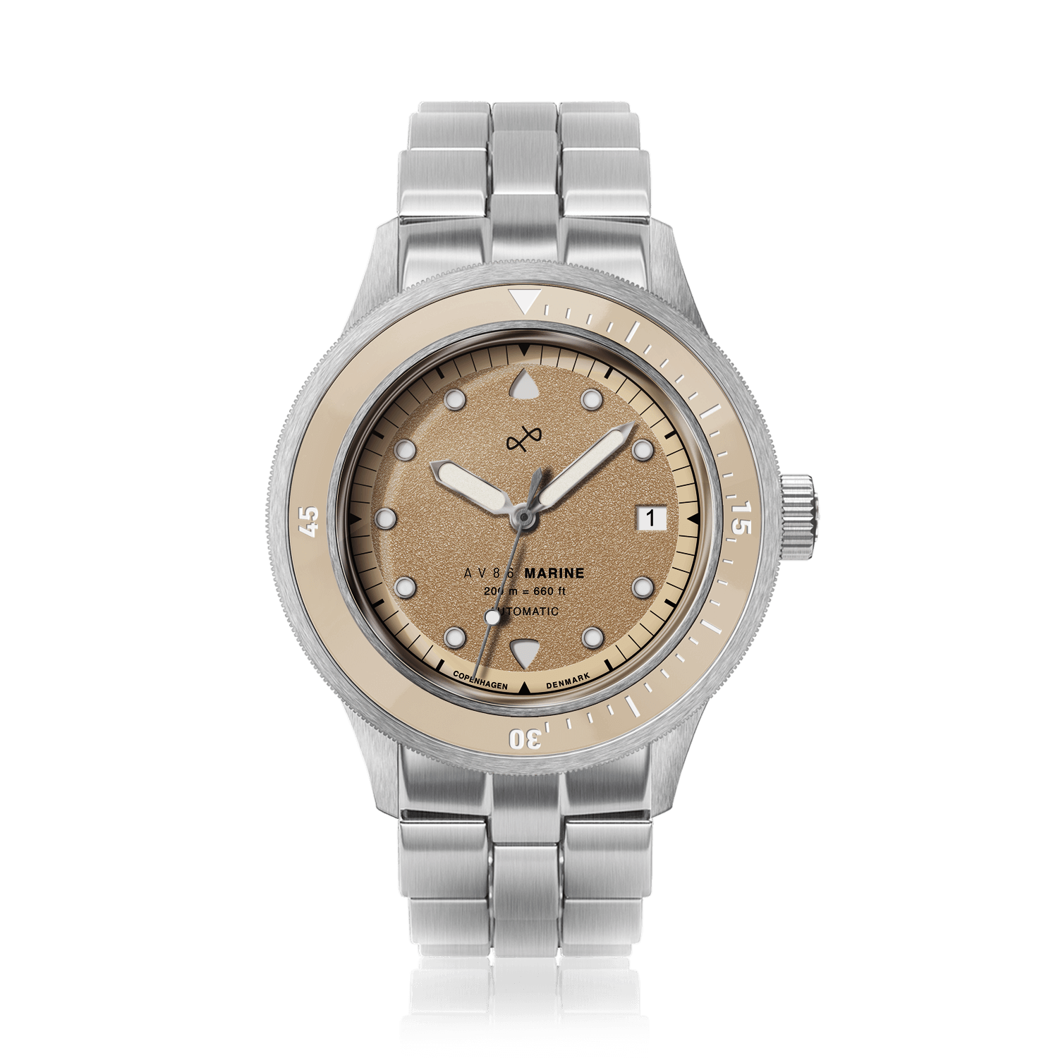 1956 Marine Automatic, Steel / Sand wristwatch by AV86 featuring vintage-inspired design and stainless steel bracelet with sand dial finish