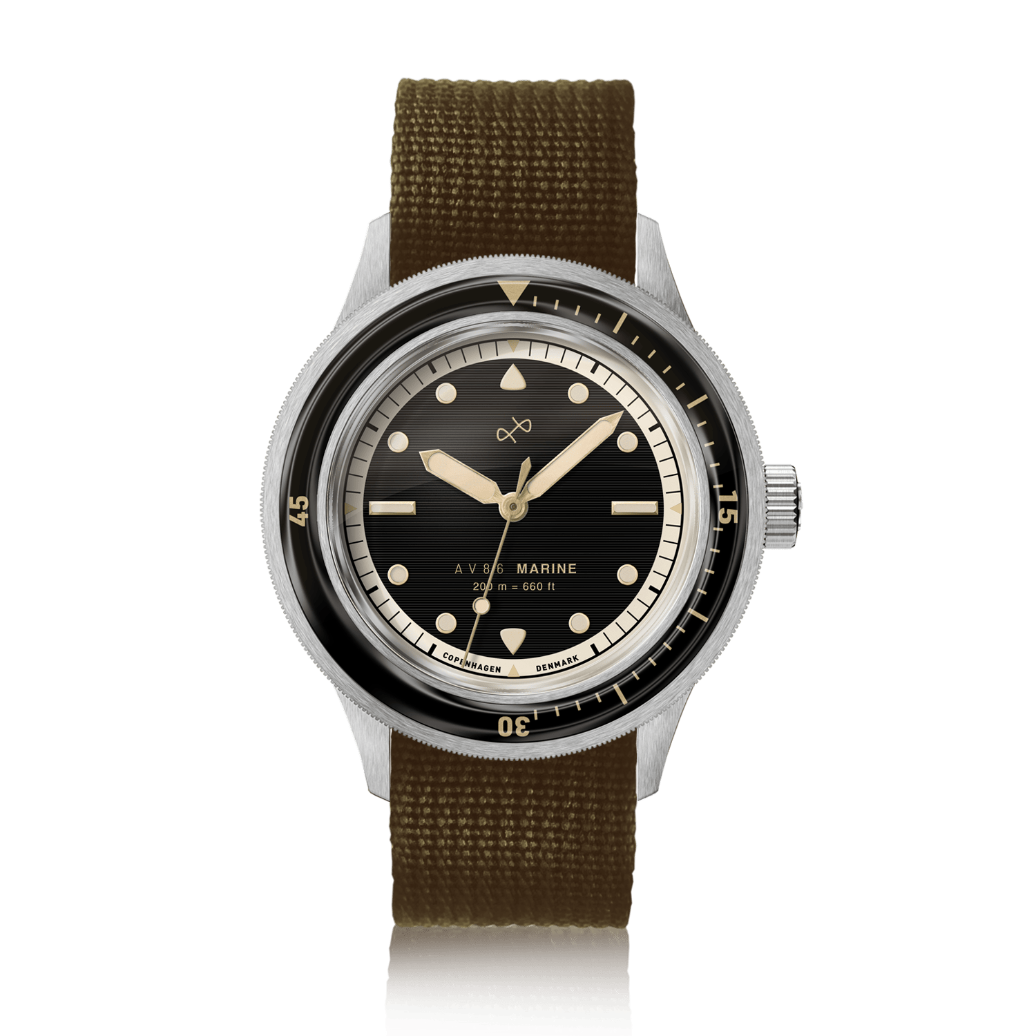 1956 Marine von AV86: Vintage-inspirierte Taucheruhr mit Saphirglas, drehbarer Lünette und olivgrünem Stoffarmband, im nordisch-minimalistischen Design