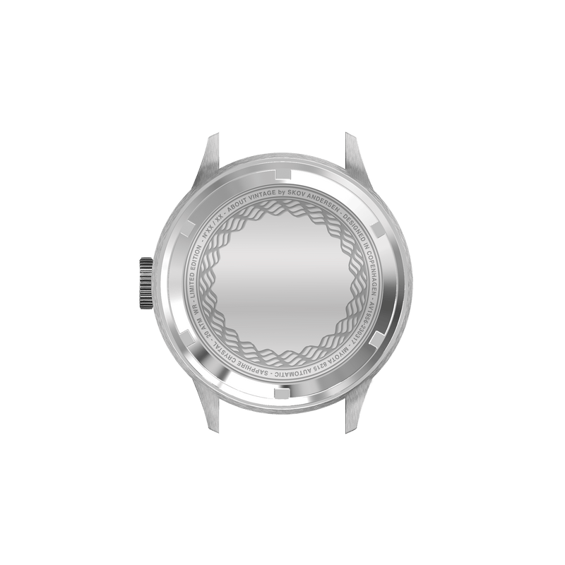 1956 Marine Automatic by AV86 with polished steel caseback featuring intricate engraving and vintage-inspired design details