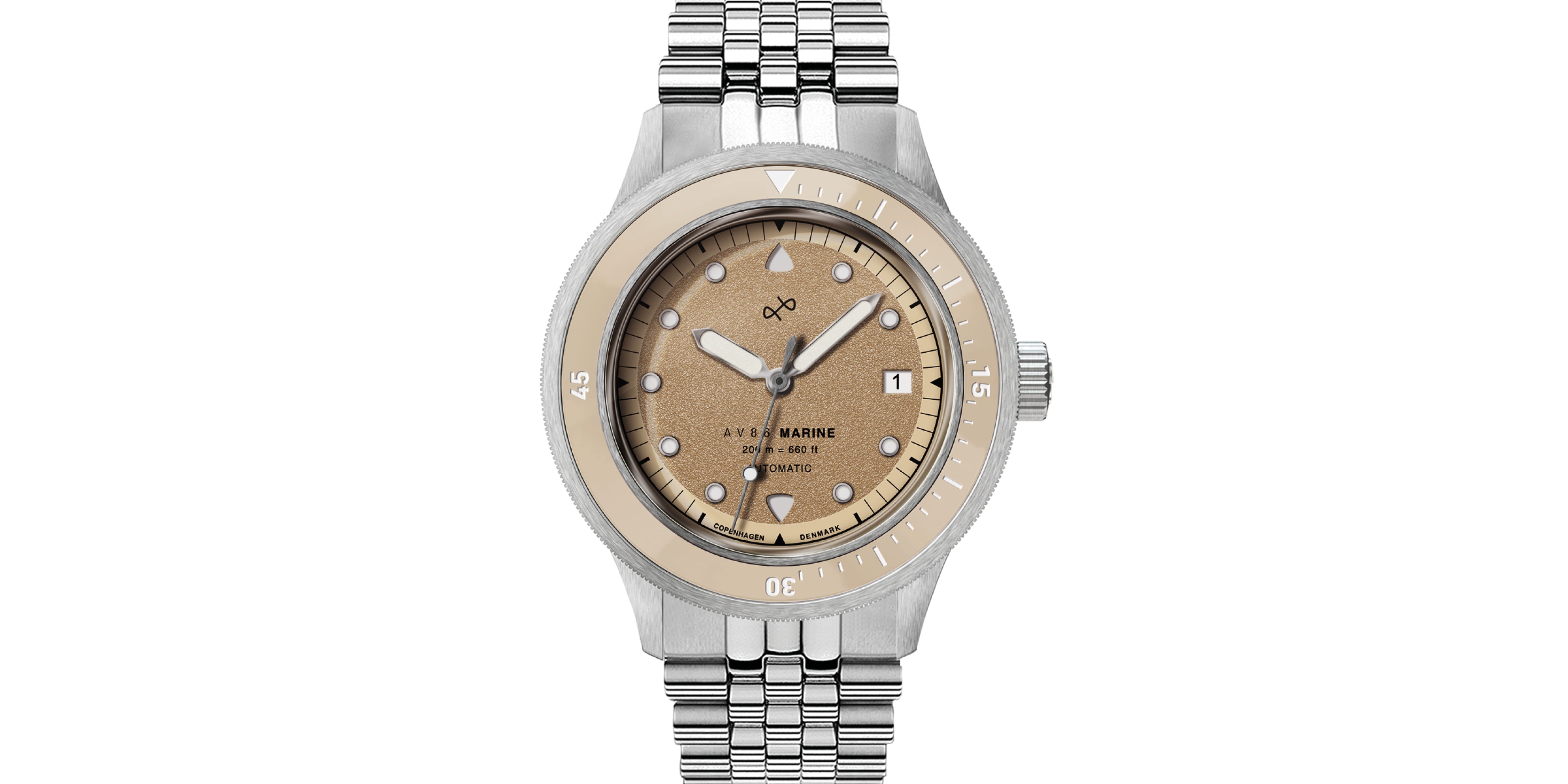 Stainless steel wristwatch with a sand-colored dial, matching bezel, and linked metal bracelet on a white background.