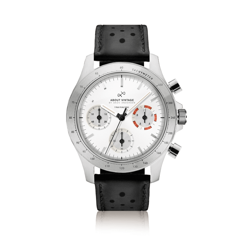 1960 Racing Chronograph by AV86 vintage-inspired chronograph with sapphire crystal, tachymeter bezel, and perforated black leather strap