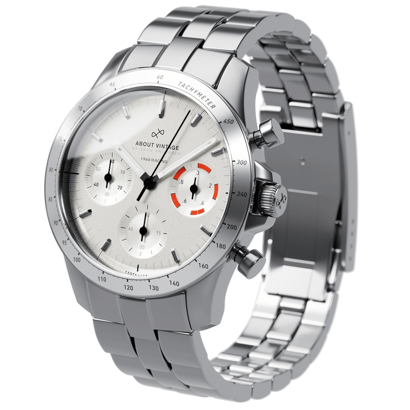 1960 Racing Chronograph by AV86 vintage-inspired luxury timepiece with tachymeter, sapphire crystal, and polished metal bracelet strap