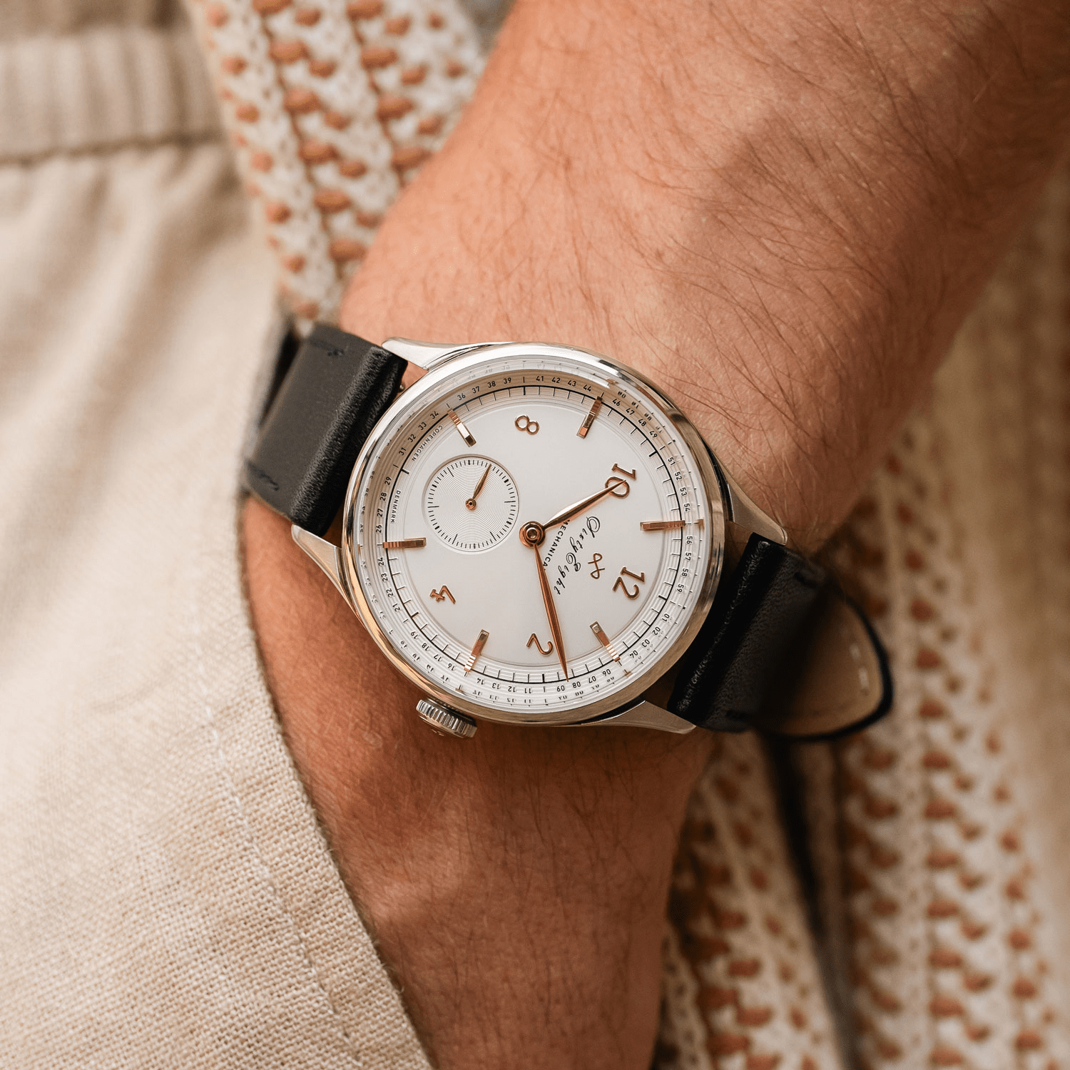 1968 Mechanical by AV86 vintage-inspired automatic watch with sapphire crystal, rose gold accents, and black leather strap